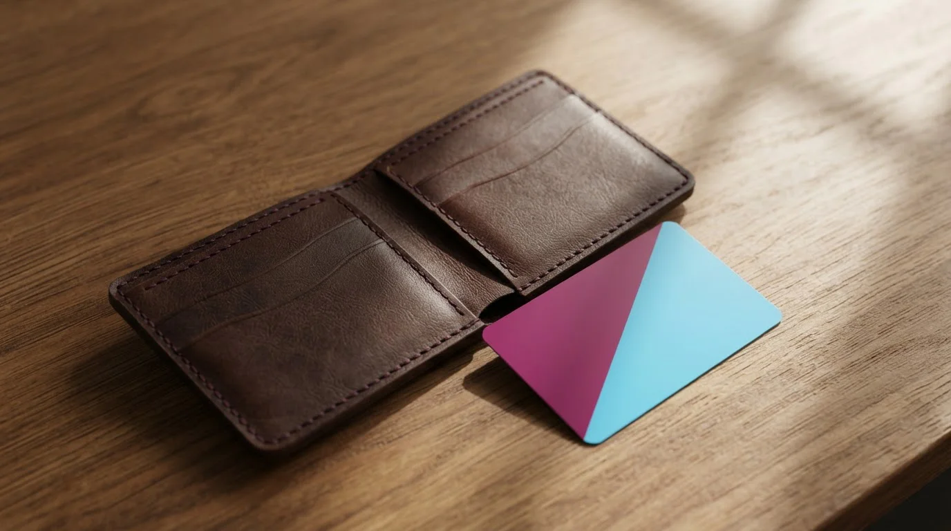 Lederbrieftasche mit Bankkarte auf einer hellen Tischfläche