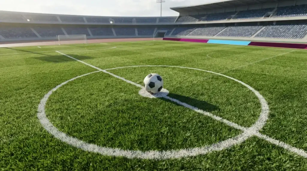 Fußball auf dem Anstoßpunkt eines grünen Spielfelds