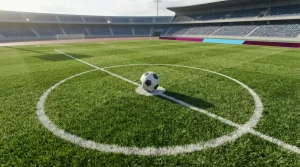 Fußball auf dem Anstoßpunkt eines grünen Spielfelds
