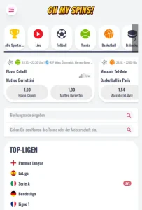 Mobiler Sportwettenbereich von OhMySpins mit Sportnavigation im Browser