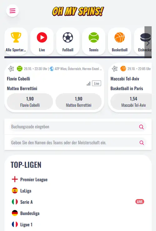 Mobiler Sportwettenbereich von OhMySpins mit Sportnavigation im Browser