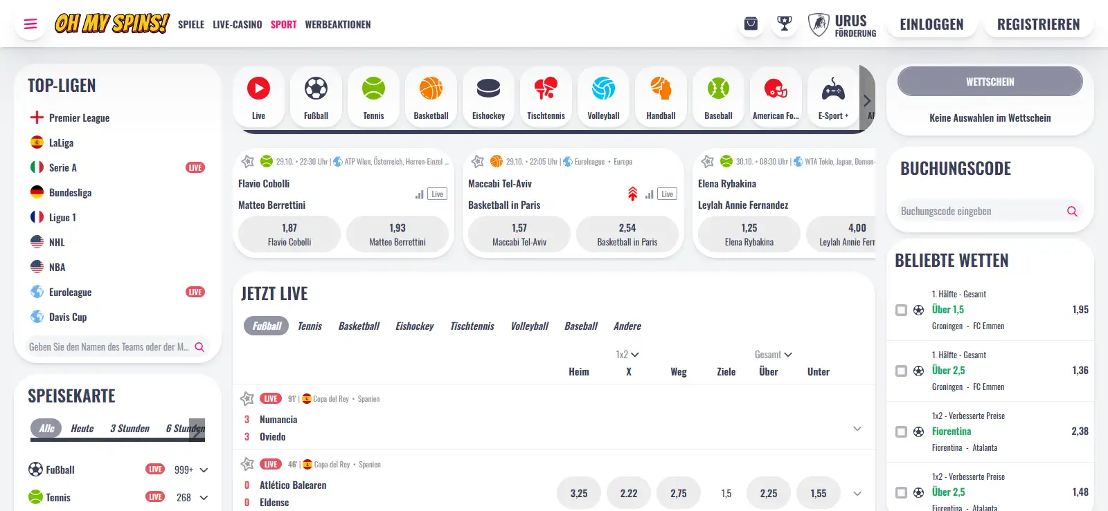 Sportwettenübersicht mit Sportarten, Turnierauswahl und Quoten bei OhMySpins