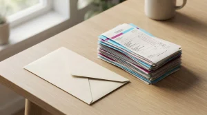 Papierumschlag und mehrere Belege mit farbigen Streifen